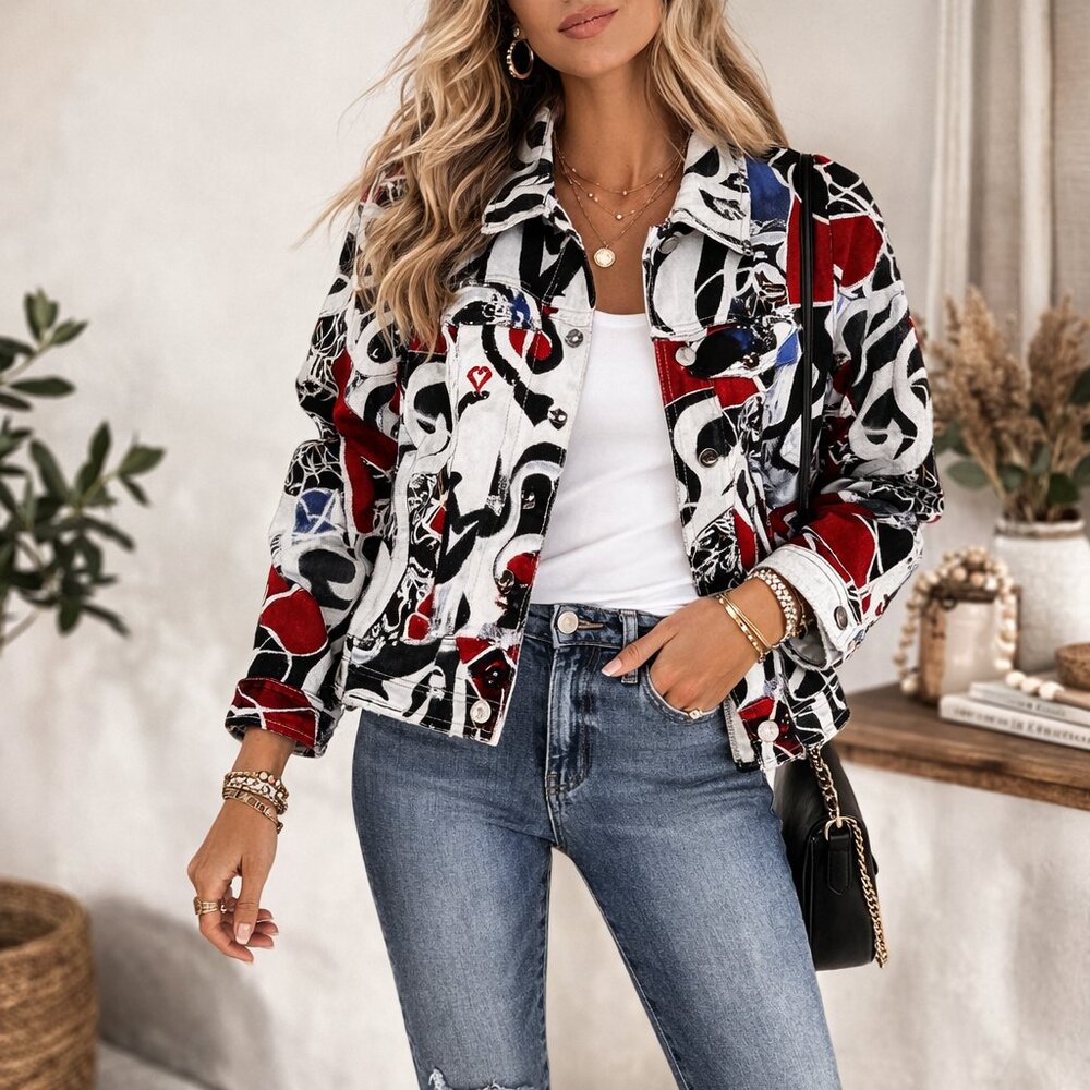 Dolcezza Simply Art Jacket Red Black Abstract Cotton Blend NWT Chic Womens S